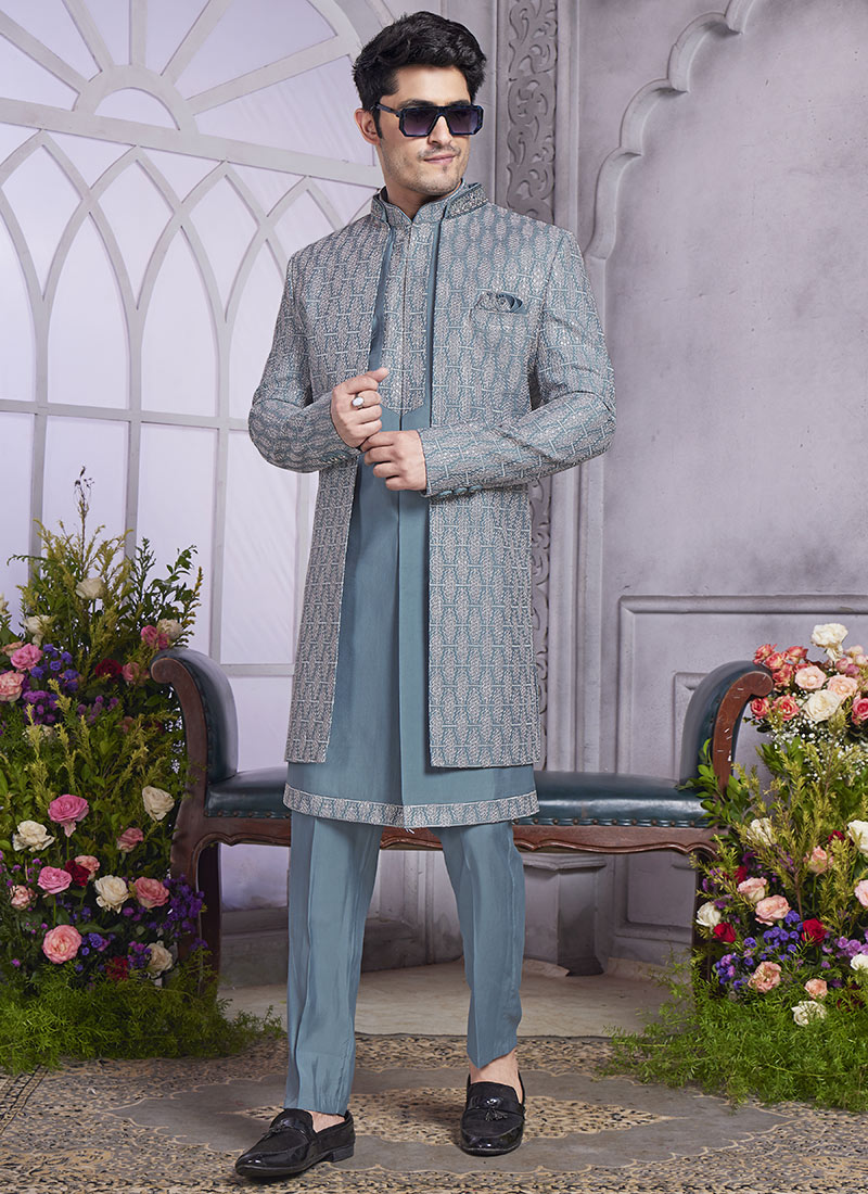 Grey Silk Hand Work Embroidered Sequins Jacket Style Indowestern Sherwani Wedding Wear