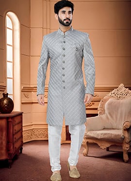 Grey Silk Jacquard Classic Sherwani