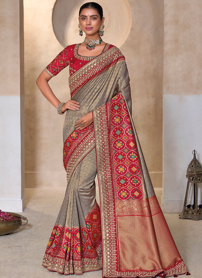 Grey Silk Jacquard Gota Work Patola Print Traditional Saree Festive Wear