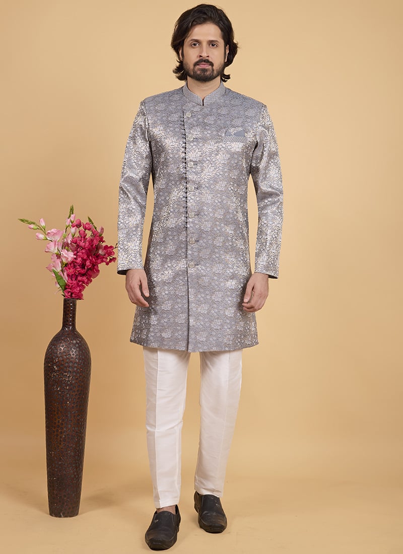 Grey Silk Jacquard Indowestern Sherwani Wedding Wear