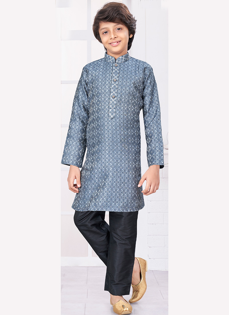 Grey Silk Jacquard Kids Boys Kurta Pyjama Festive Wear