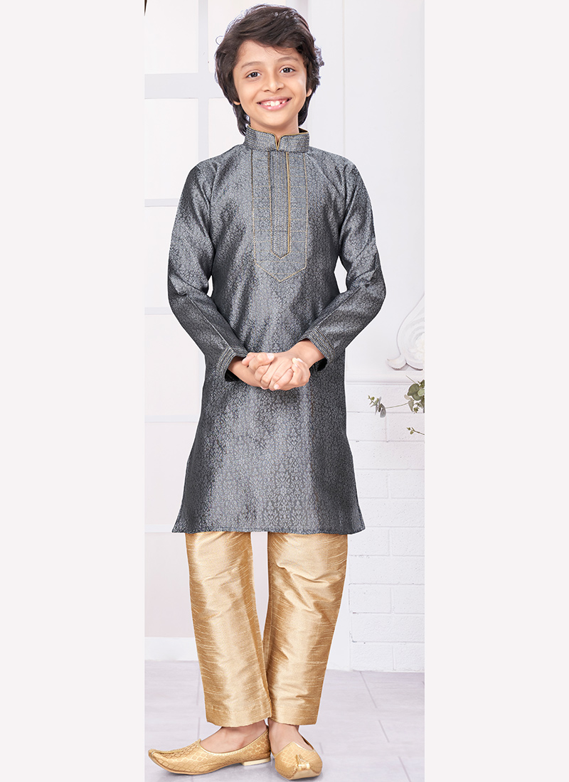 Kids Boys Grey Silk Jacquard Kids Boys Kurta Pyjama