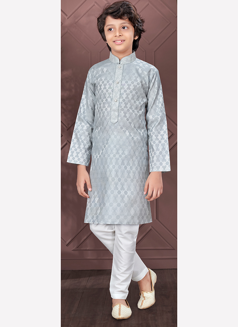 Grey Silk Jacquard Kids Boys Kurta Pyjama Festive Wear