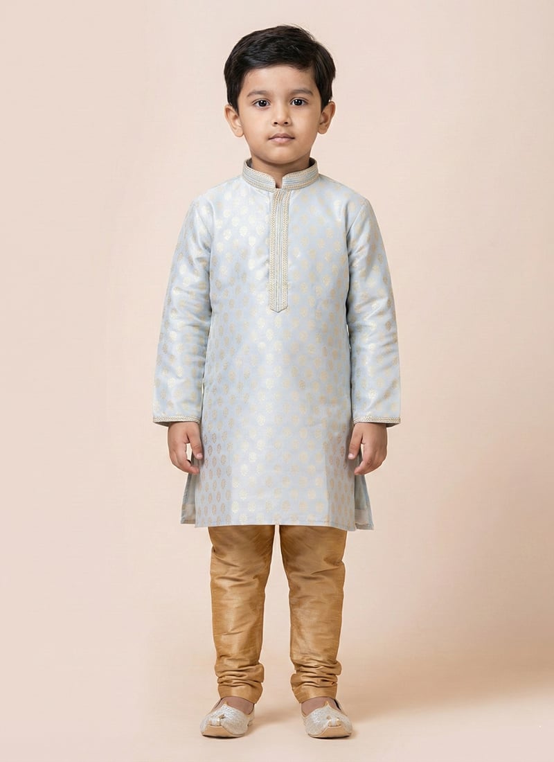 Grey Silk Jacquard Kids Kurta Pyjama Festive Wear