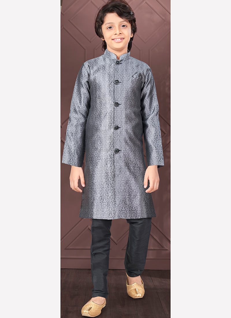Grey Silk Jacquard Kurta Pyjama For Young Kids Boys Party Wear