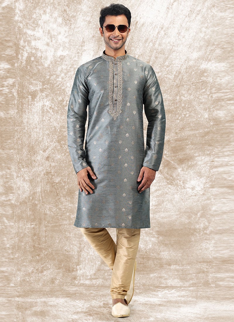 Grey Silk Jacquard N Brocade Work Kurta Pyjama Party Wear