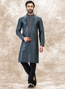Grey Silk Jacquard N Brocade Work Kurta Pyjama