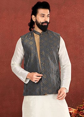 Grey Silk Jacquard Nehru jacket