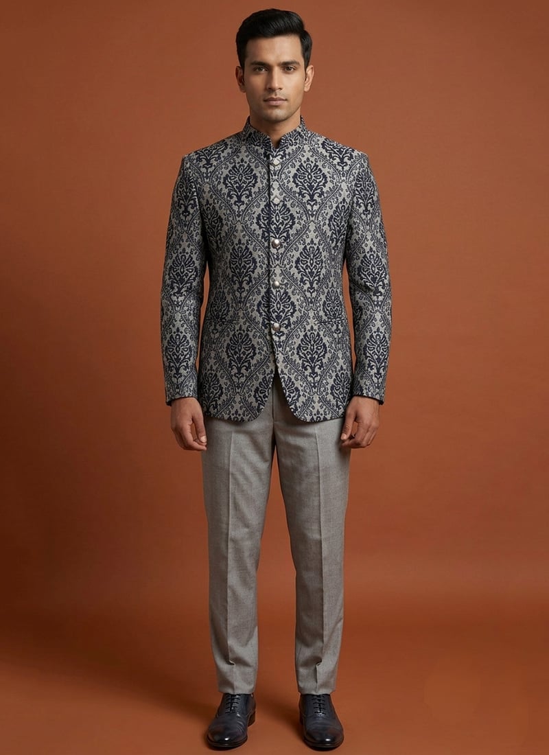 Grey Silk Jacquard Printed Bandhgala Suit For Men Wedding Wear
