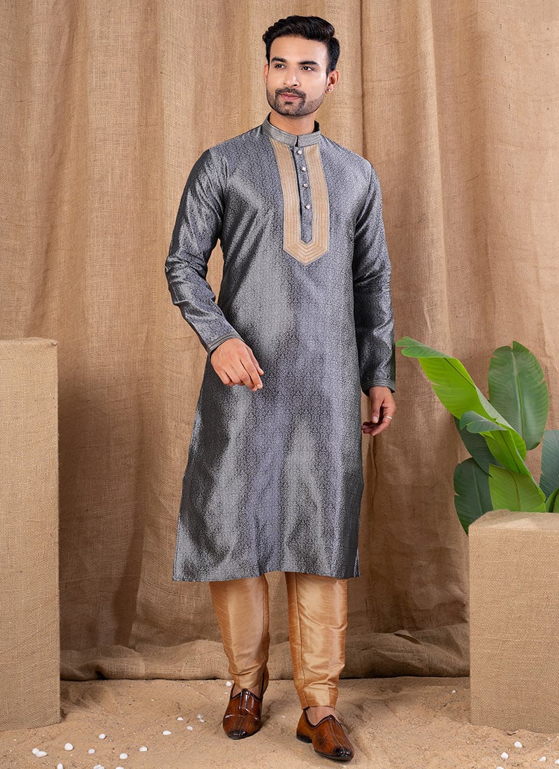 Grey Silk Jacquard Silk Kurta Pyjama