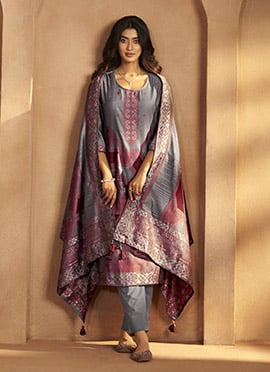 Grey Silk Jacquard Straight Pant Suit