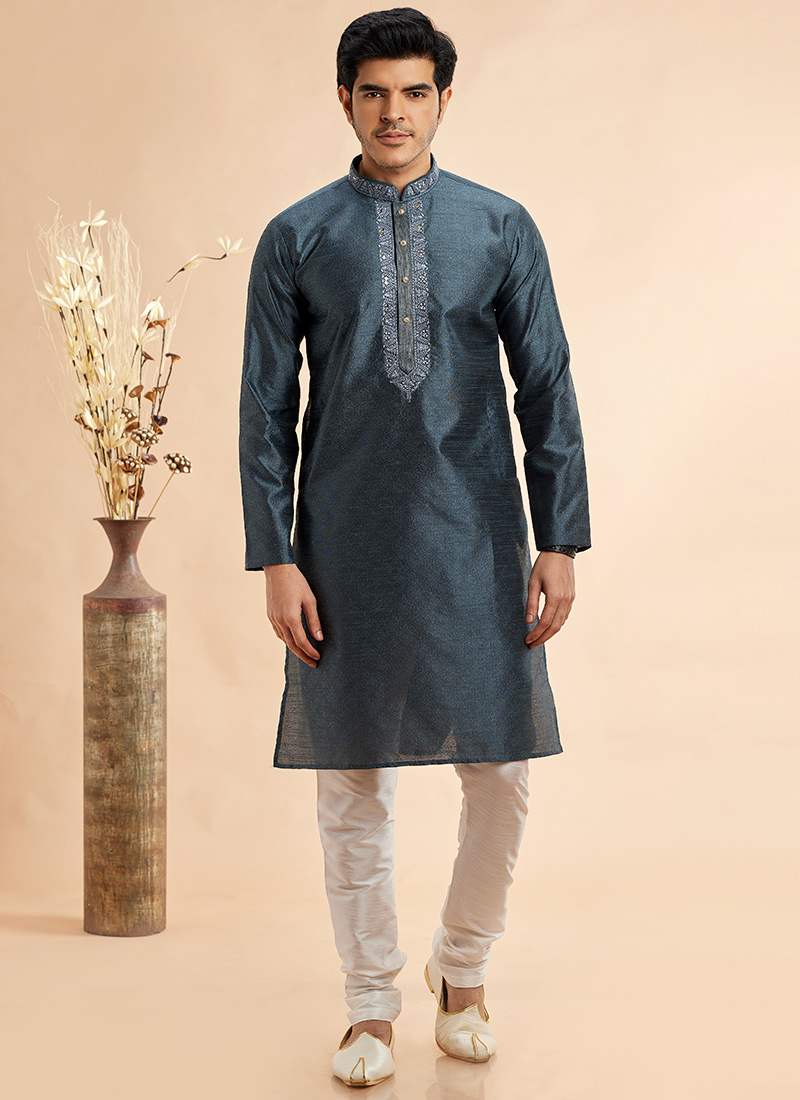 Grey Silk Jacquard Thread Kurta Pyjama Festive Wear