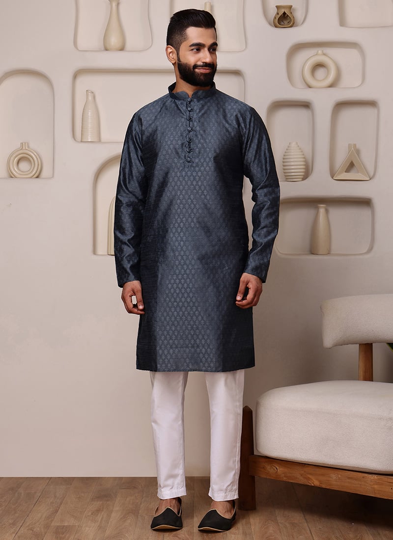 Grey Silk Jacquard Woven Kurta Pyjama Festive Wear