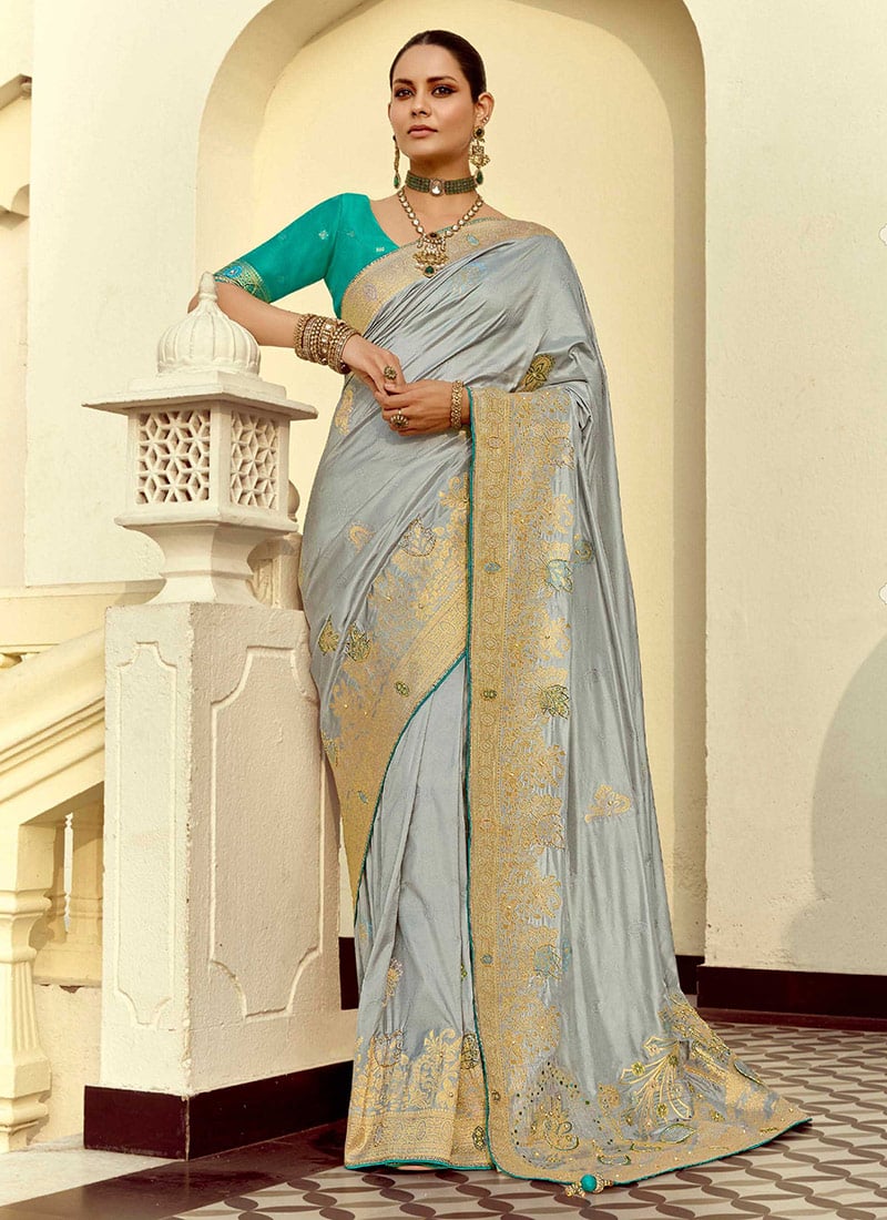 Grey Silk Jacquard Zari Embroidered Beads Saree Wedding Wear