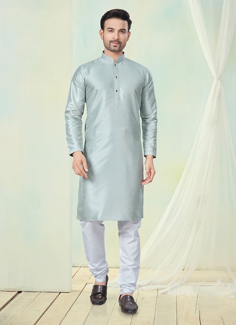 Grey Silk Kurta Pyjama For Men