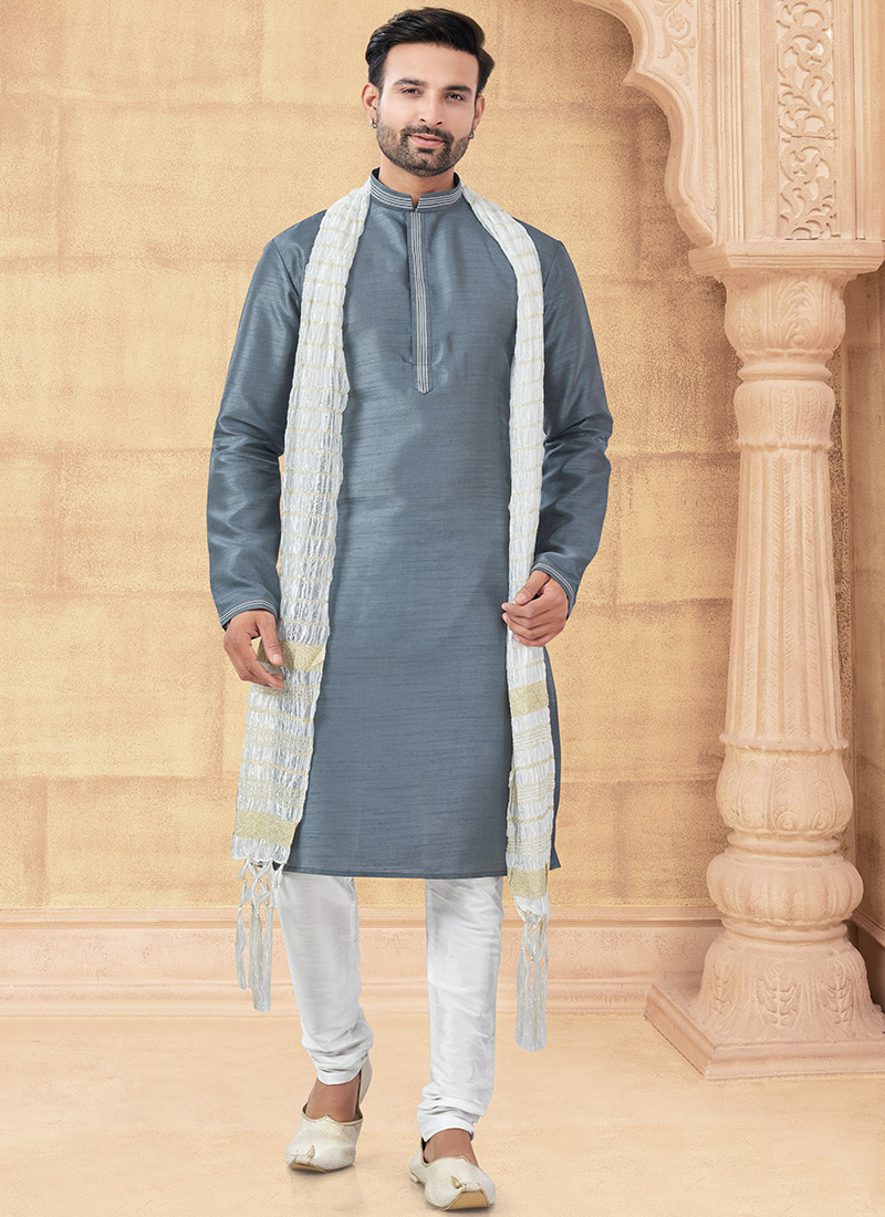 Grey Silk Kurta Pyjama Festive Wear
