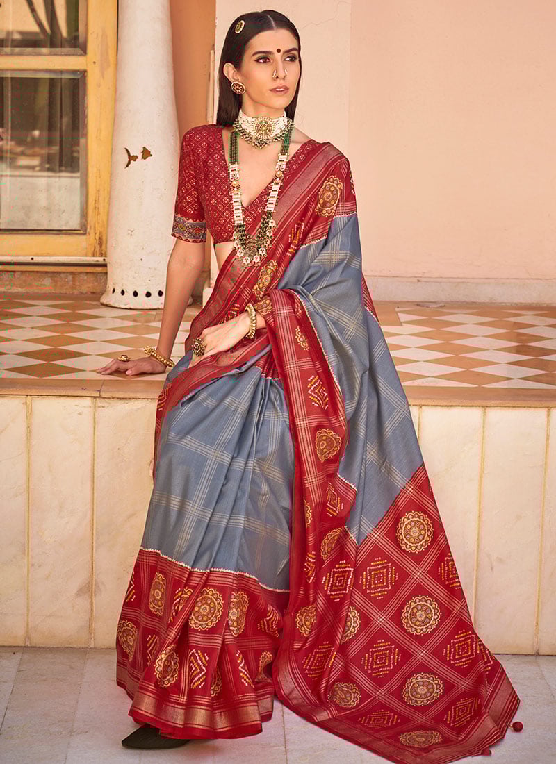 Grey Silk Patola And Zari Saree Festive Wear-SASLI252310282