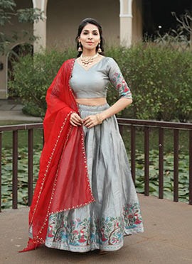 Grey Silk Printed And Woven Lehenga