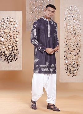 Purple Silk Printed Embroidered Kurta Pyjama