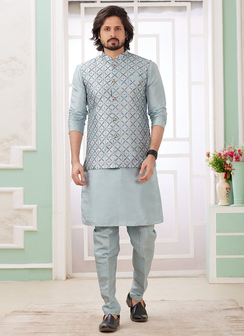 Grey Silk Sequins Bandi Set Festive Wear