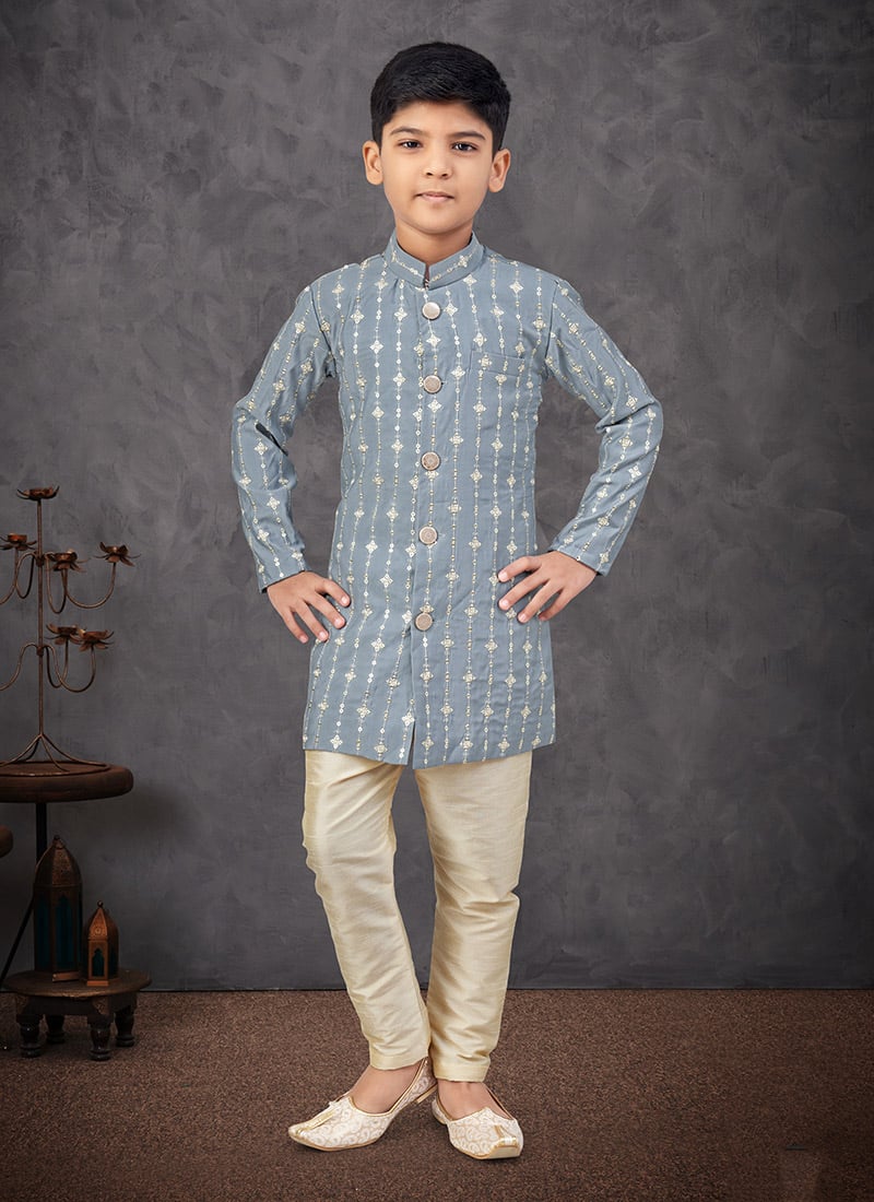Grey Silk Sequins Boys Indowestern Sherwani Wedding Wear