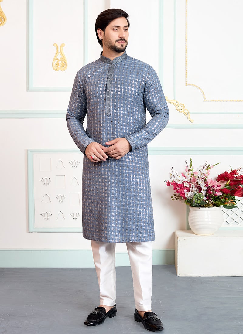 Grey Silk Sequins Elegant Kurta Pyjama Festive Wear