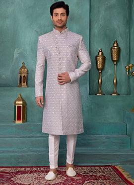 Grey Silk Sequins Embroidered Indowestern Sherwani