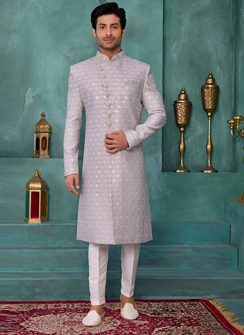 Grey Silk Sequins Embroidered Indowestern Sherwani Wedding Wear