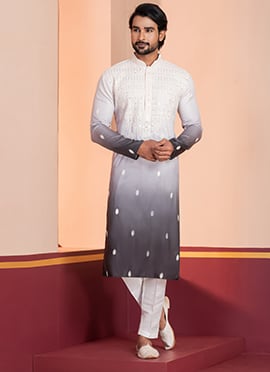 Grey Silk Sequins Embroidered Kurta Pyjama