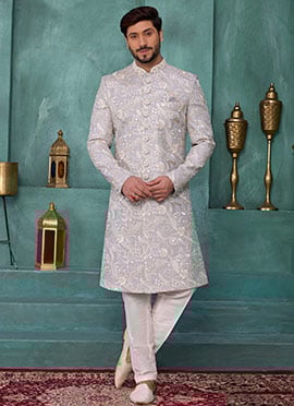Grey Silk Sequins Embroidered Stones Beads Thread Indowestern Sherwani