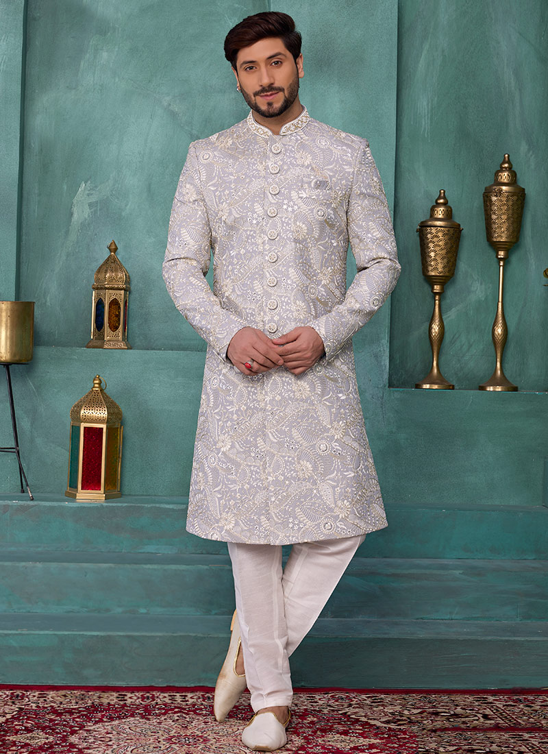 Grey Silk Sequins Embroidered Stones Beads Thread Indowestern Sherwani Wedding Wear