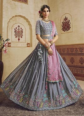 Grey Silk Sequins Embroidered Umbrella Lehenga Wedding Wear