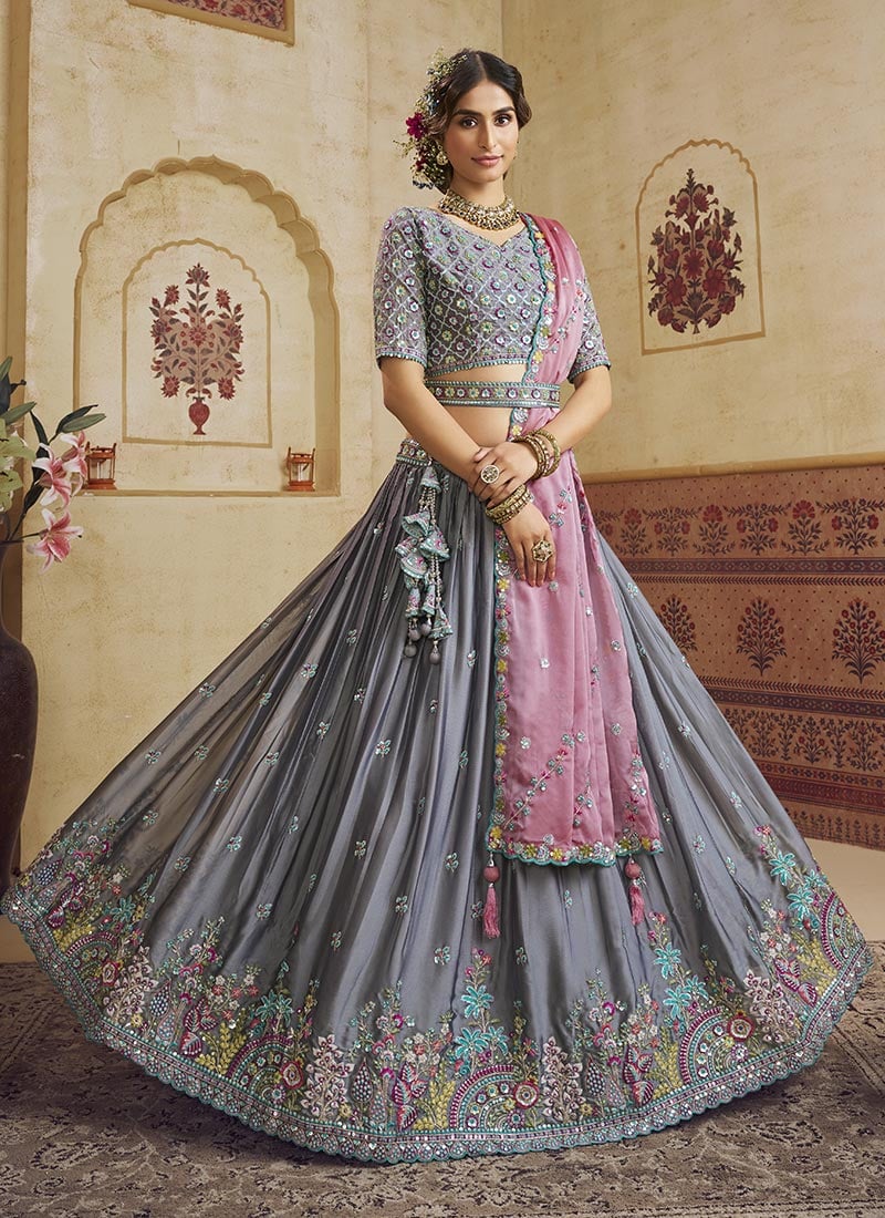 Grey Silk Sequins Embroidered Umbrella Lehenga Wedding Wear