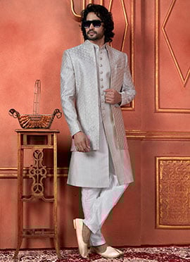 Grey Silk Sequins Indowestern 3 Piece Jacket Style Sherwani