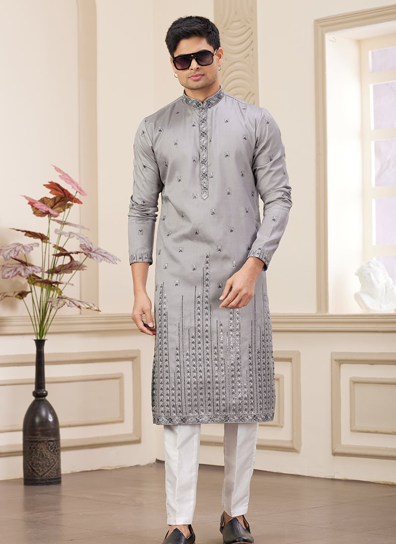 Grey Silk Sequins Kurta Pyjama Festive Wear