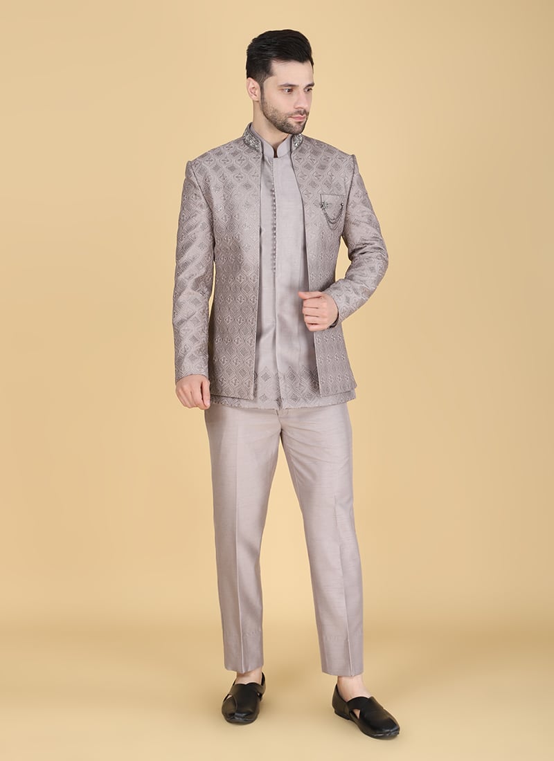 Grey Silk Thread Cutdana Hand Embroidered Jodhpuri Suit