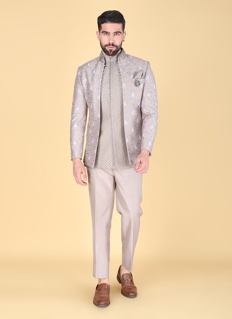 Grey Silk Thread Cutdana Hand Embroidered Jodhpuri Suit Wedding Wear