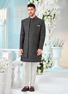 Grey Silk Thread Cutdana Hand Work Indowestern Sherwani