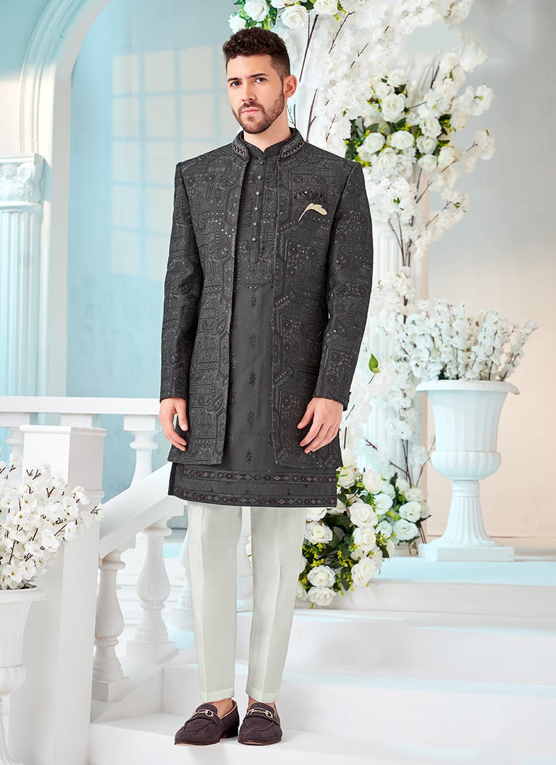 Grey Silk Thread Cutdana Hand Work Indowestern Sherwani Wedding Wear