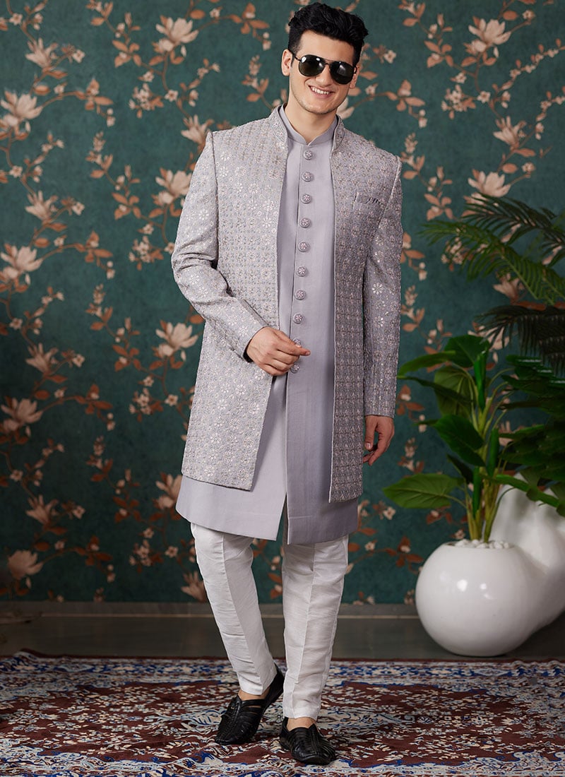 Grey Silk Thread Embroidered And Sequins Indowestern Sherwani Wedding Wear