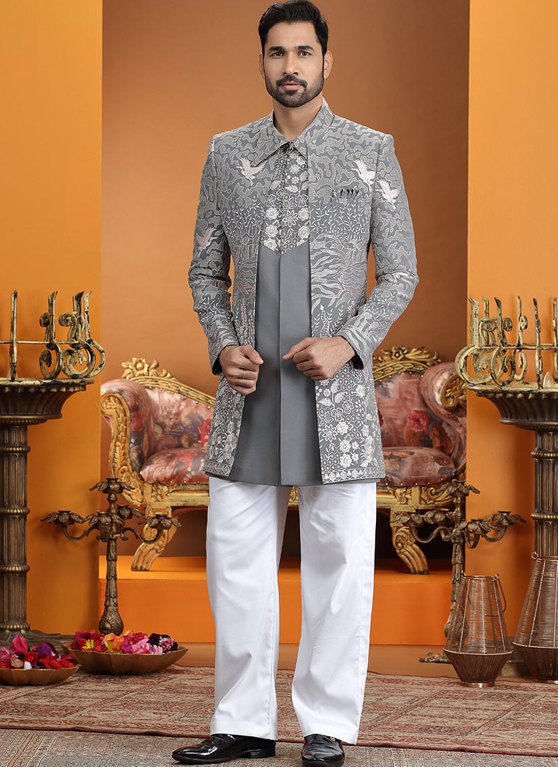 Grey Silk Thread Embroidered Indowestern Sherwani Wedding Wear