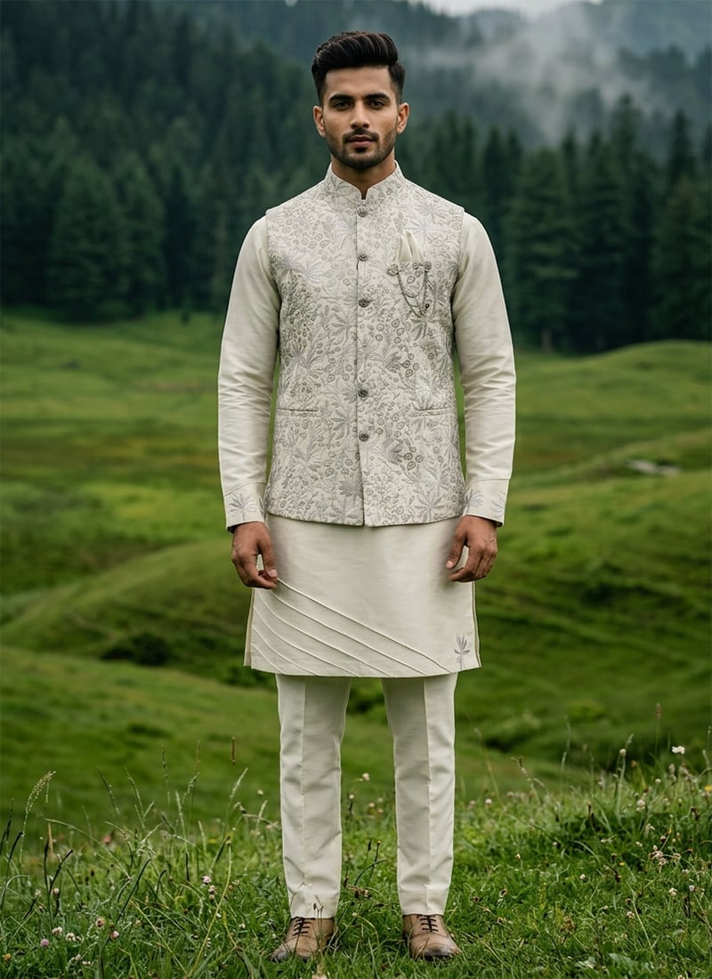 Grey Silk Thread Embroidered Sequins Bandi Set Festive Wear