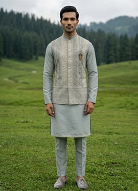 Grey Silk Thread Embroidered Sequins Bandi Set