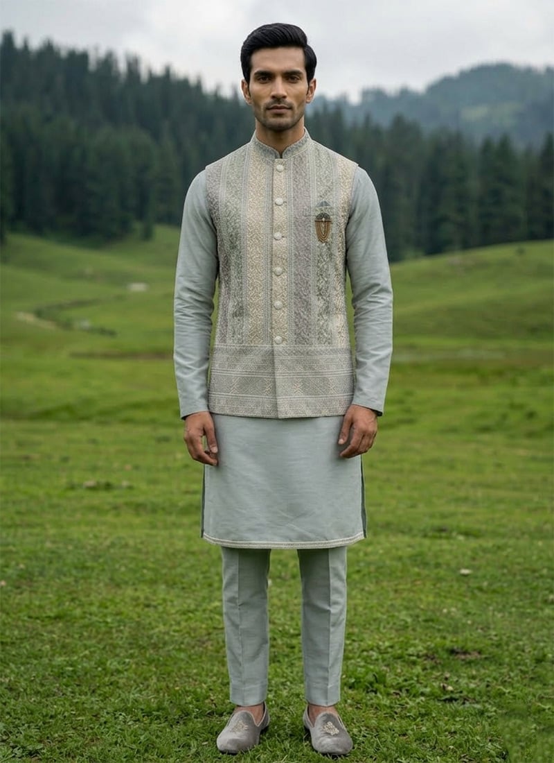 Grey Silk Thread Embroidered Sequins Bandi Set Festive Wear