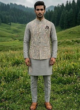 Grey Silk Thread Embroidered Sequins Bandi Set