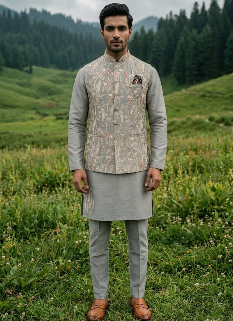 Grey Silk Thread Embroidered Sequins Bandi Set Festive Wear