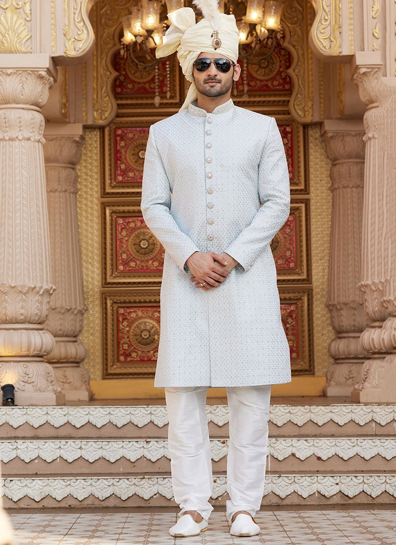 Grey Silk Thread Hand Embroidered Classic Sherwani Wedding Wear