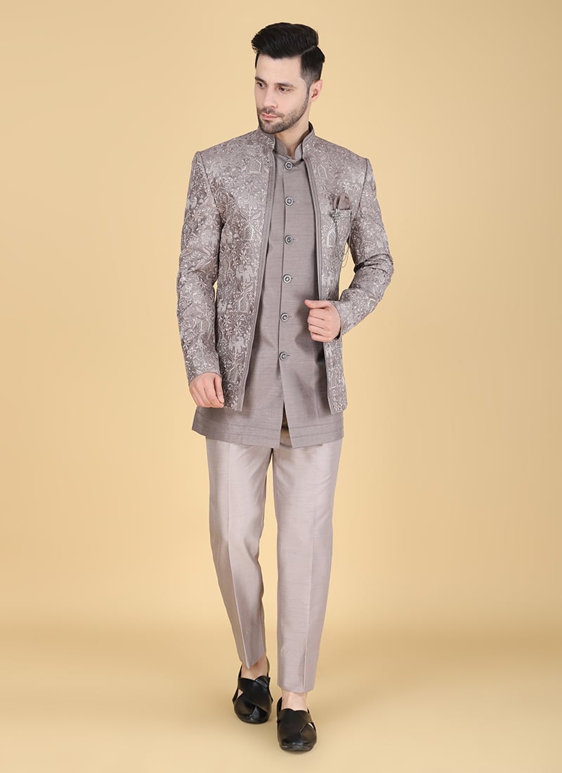Grey Silk Thread Jodhpuri Suit Wedding Wear