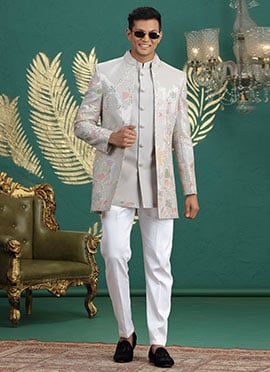 Grey Silk Thread Sequins Embroidered Indowestern Sherwani
