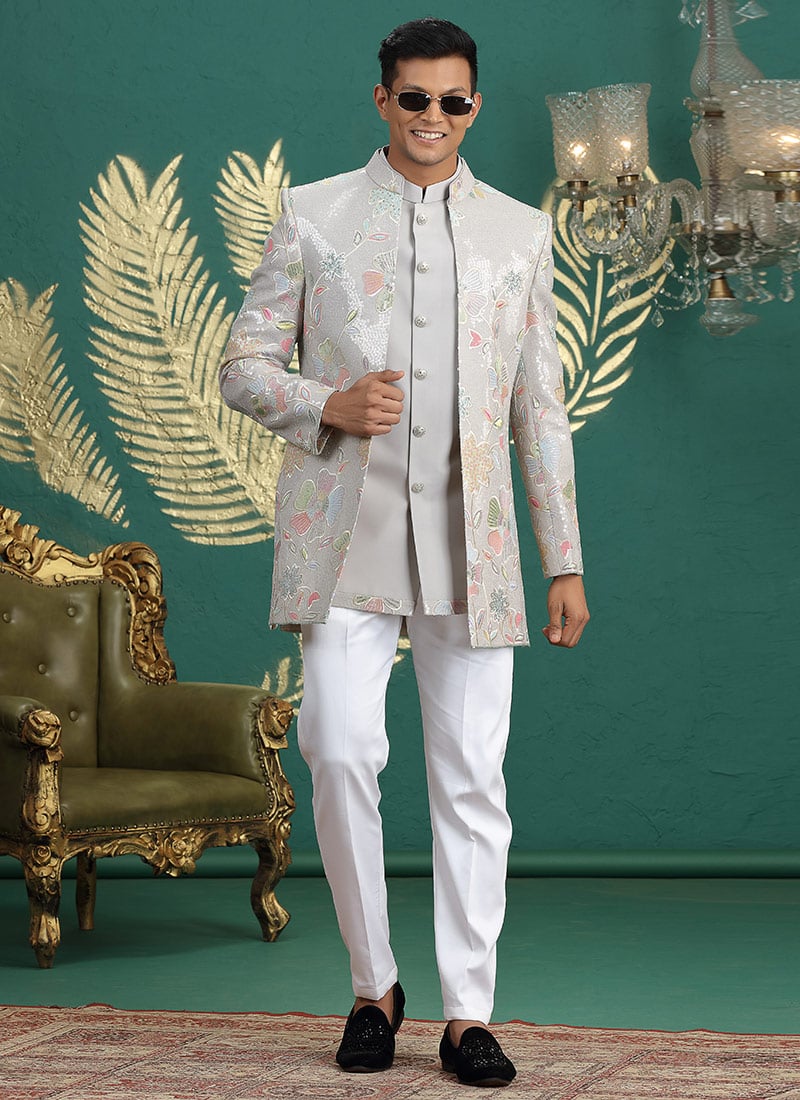 Grey Silk Thread Sequins Embroidered Indowestern Sherwani Wedding Wear
